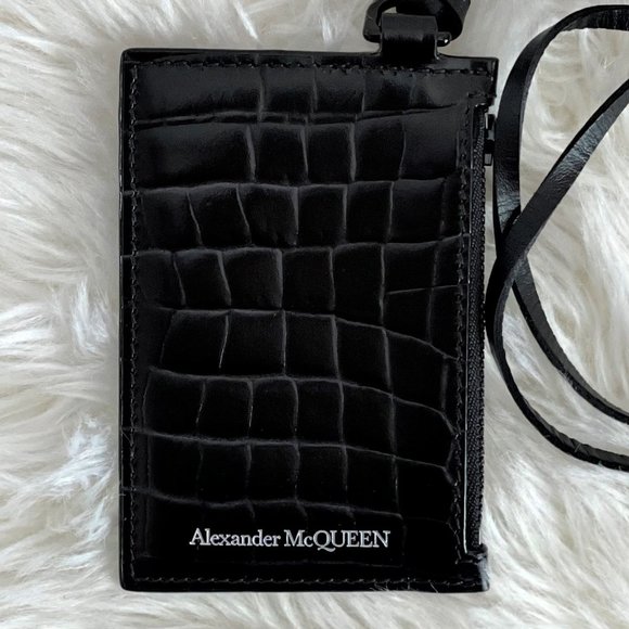 Alexander McQueen Croc Embossed Black Leather Zip Card Case
